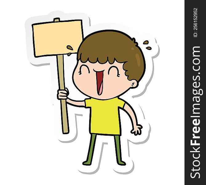 Sticker Of A Laughing Cartoon Man Waving Placard