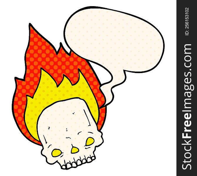 Spooky Cartoon Flaming Skull And Speech Bubble In Comic Book Style