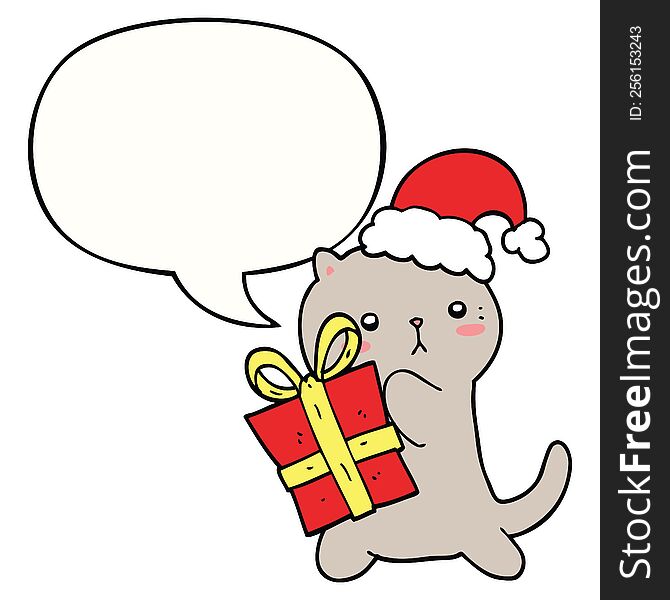 cute cartoon cat carrying christmas present with speech bubble