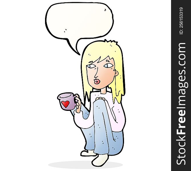 Cartoon Woman Sitting With Cup Of Coffee With Speech Bubble