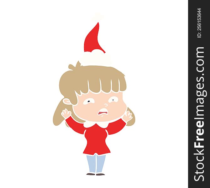 Flat Color Illustration Of A Worried Woman Wearing Santa Hat
