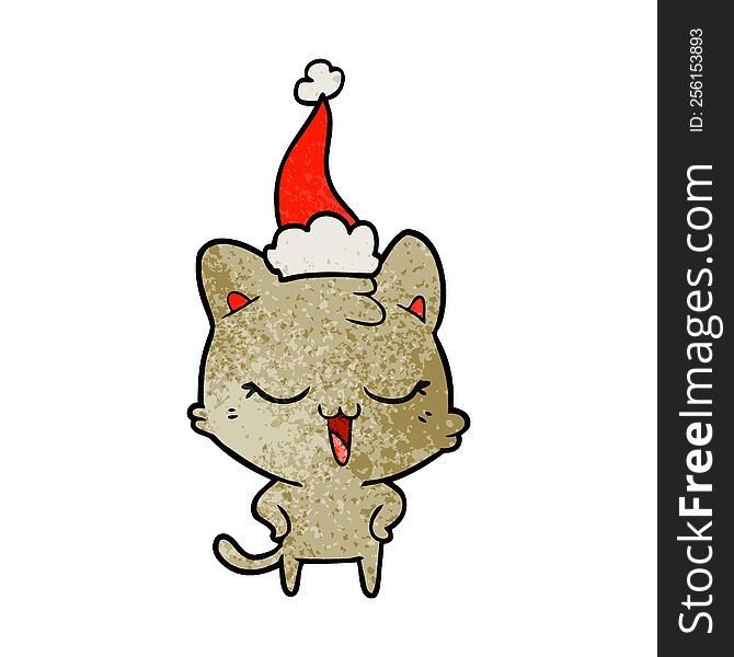 Happy Textured Cartoon Of A Cat Wearing Santa Hat