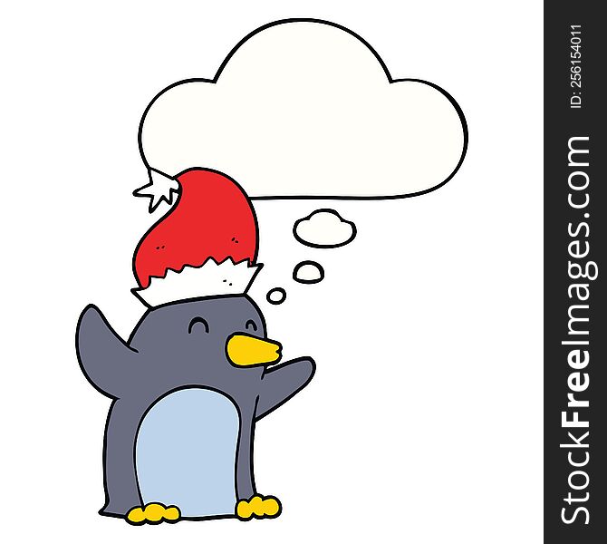 cute cartoon christmas penguin with thought bubble