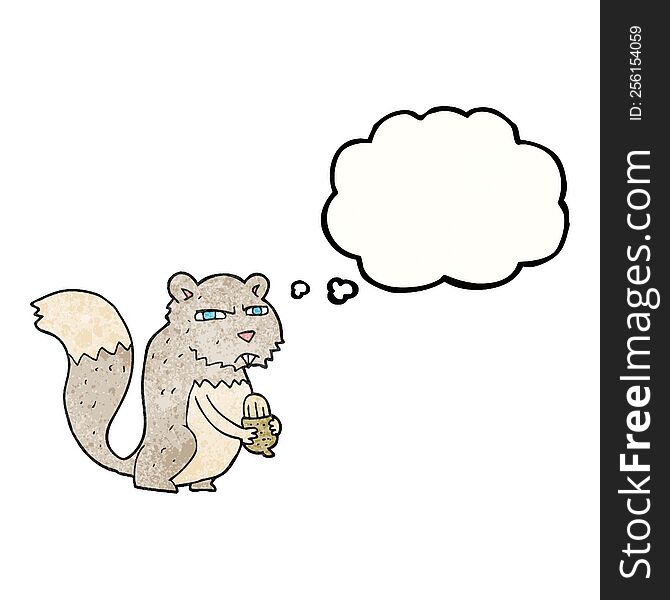 freehand drawn thought bubble textured cartoon angry squirrel with nut