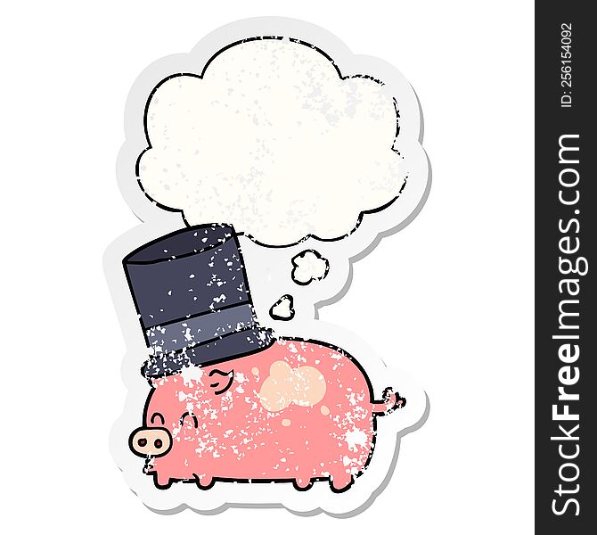 cartoon pig wearing top hat with thought bubble as a distressed worn sticker