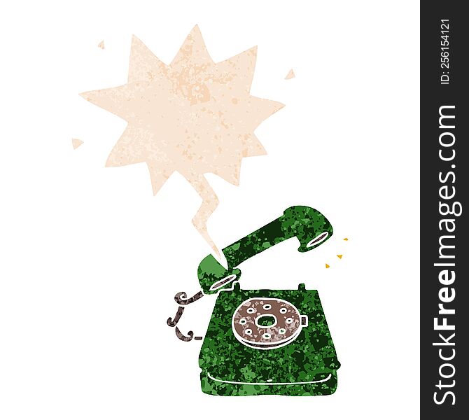 cartoon old telephone and speech bubble in retro textured style