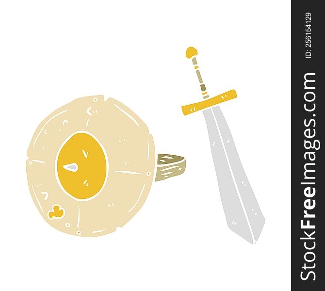 flat color style cartoon shield and sword. flat color style cartoon shield and sword