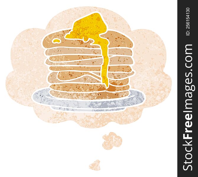 Cartoon Stack Of Pancakes And Thought Bubble In Retro Textured Style