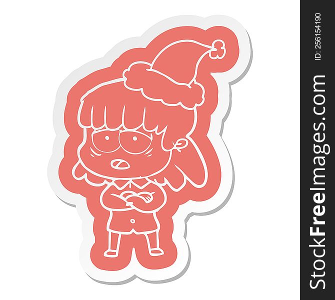 quirky cartoon  sticker of a tired woman wearing santa hat