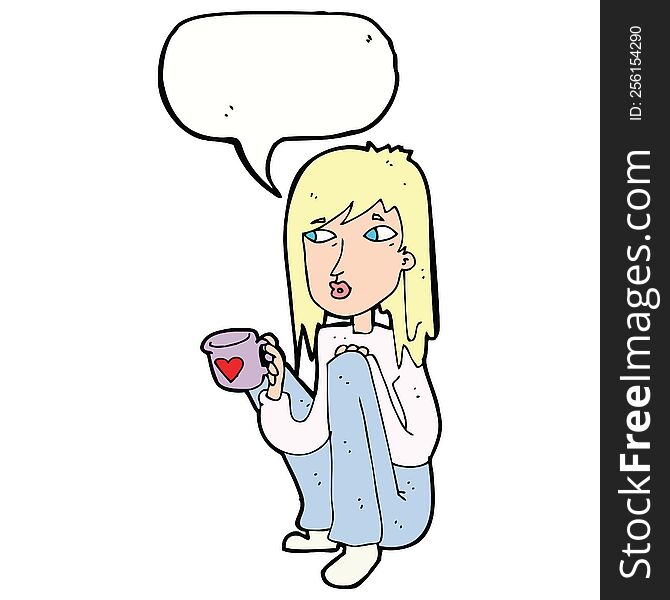 cartoon woman sitting with cup of coffee with speech bubble