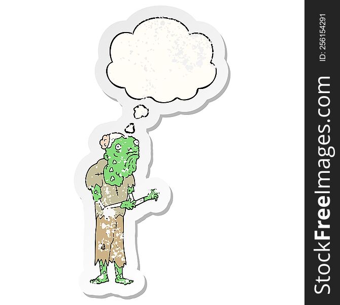 cartoon zombie with thought bubble as a distressed worn sticker