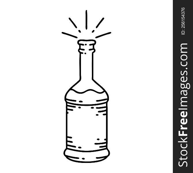 illustration of a traditional black line work tattoo style beer bottle