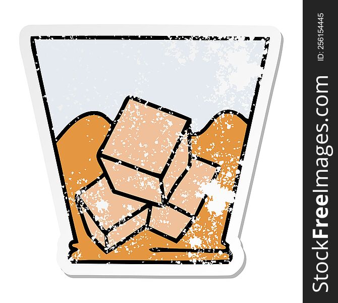 distressed sticker of a quirky hand drawn cartoon whisky and ice