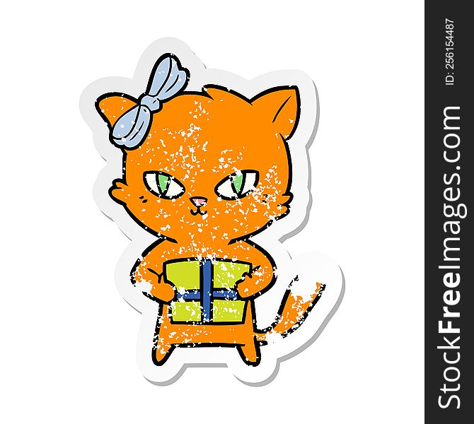 distressed sticker of a cute cartoon cat with present