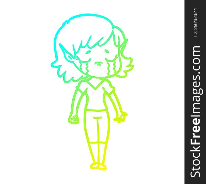 Cold Gradient Line Drawing Crying Cartoon Elf Girl