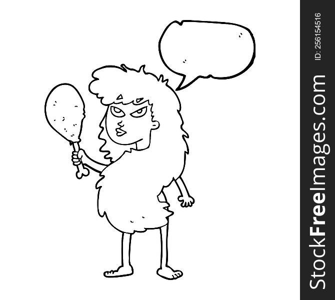 freehand drawn speech bubble cartoon cavewoman with meat