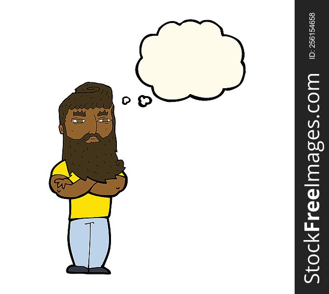 cartoon serious man with beard with thought bubble