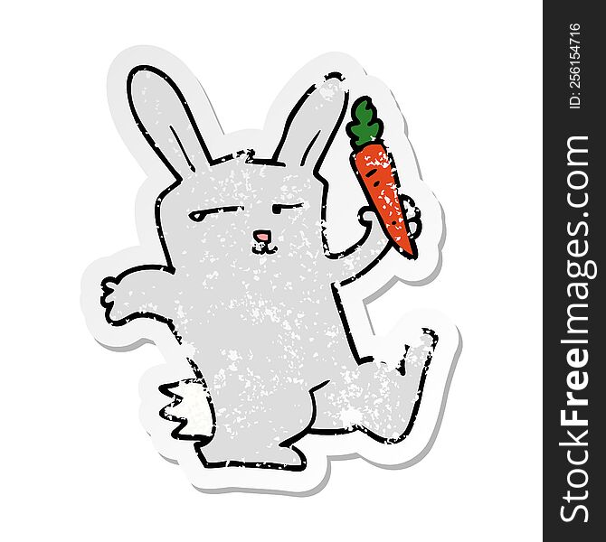 distressed sticker of a cartoon rabbit with carrot
