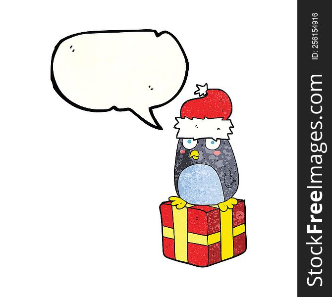 freehand speech bubble textured cartoon christmas penguin