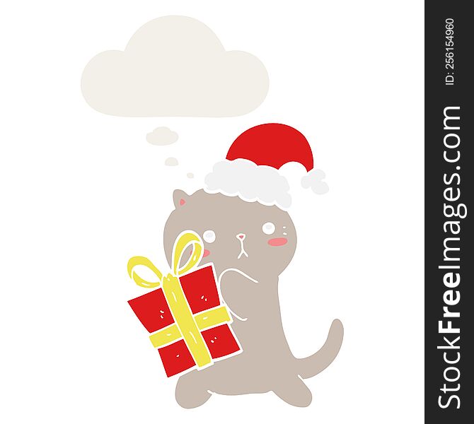 cute cartoon cat carrying christmas present with thought bubble in retro style