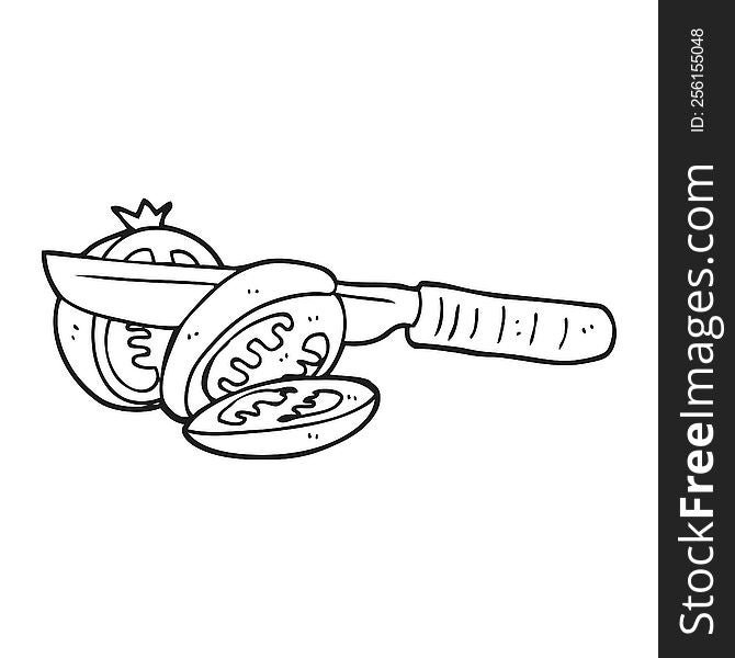 freehand drawn black and white cartoon knife slicing a tomato