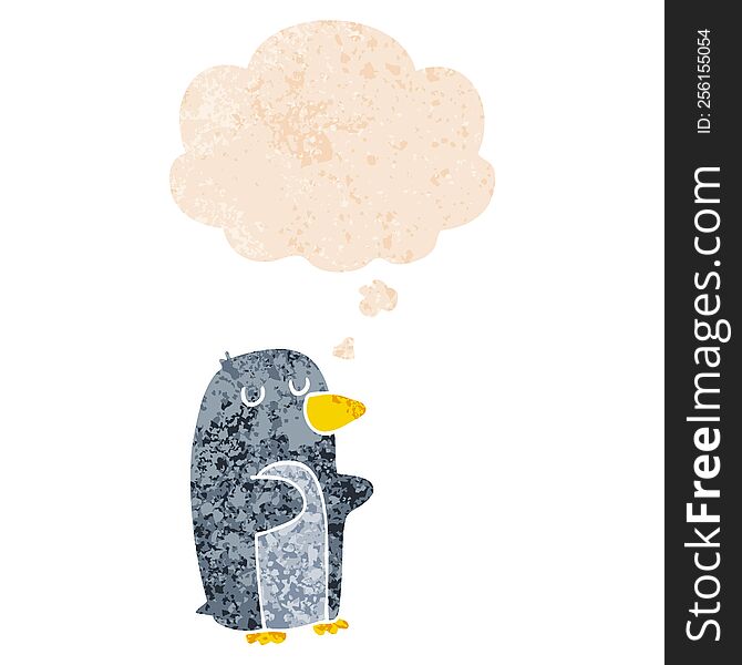 cartoon penguin with thought bubble in grunge distressed retro textured style. cartoon penguin with thought bubble in grunge distressed retro textured style