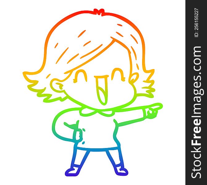 rainbow gradient line drawing of a cartoon laughing woman pointing