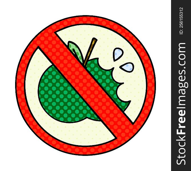 comic book style cartoon of a no healthy food allowed sign