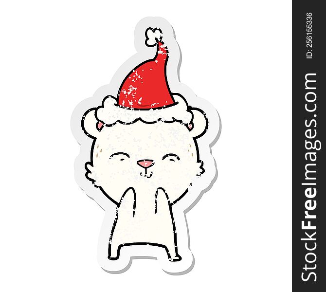 Happy Distressed Sticker Cartoon Of A Polar Bear Wearing Santa Hat