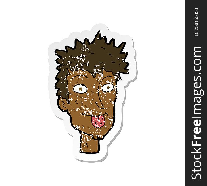 retro distressed sticker of a cartoon man sticking out tongue