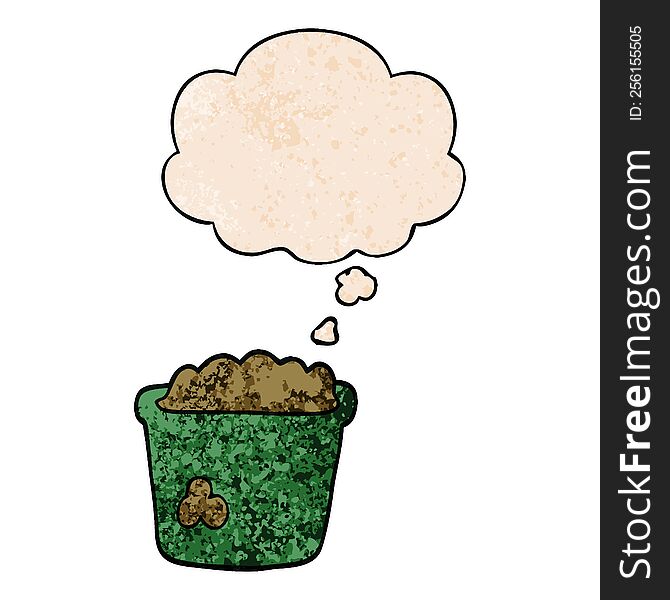 Cartoon Pot Of Earth And Thought Bubble In Grunge Texture Pattern Style