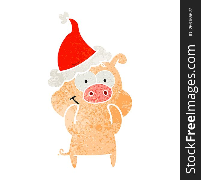 Happy Retro Cartoon Of A Pig Wearing Santa Hat