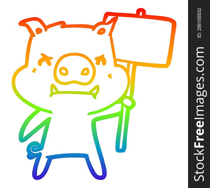 Rainbow Gradient Line Drawing Angry Cartoon Pig Protesting