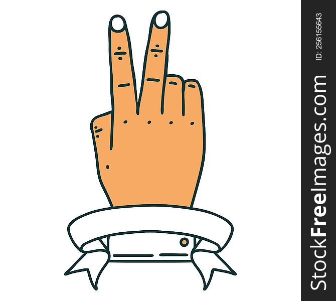 Retro Tattoo Style victory v hand gesture with banner. Retro Tattoo Style victory v hand gesture with banner