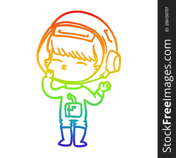 rainbow gradient line drawing of a cartoon curious astronaut wondering