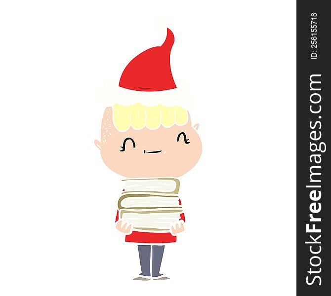 Flat Color Illustration Of A Friendly Boy With Books Wearing Santa Hat