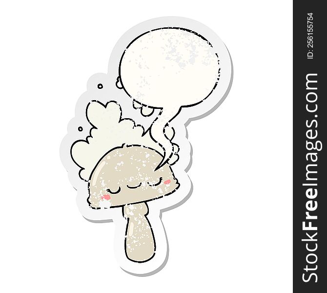 cartoon mushroom with spoor cloud with speech bubble distressed distressed old sticker. cartoon mushroom with spoor cloud with speech bubble distressed distressed old sticker