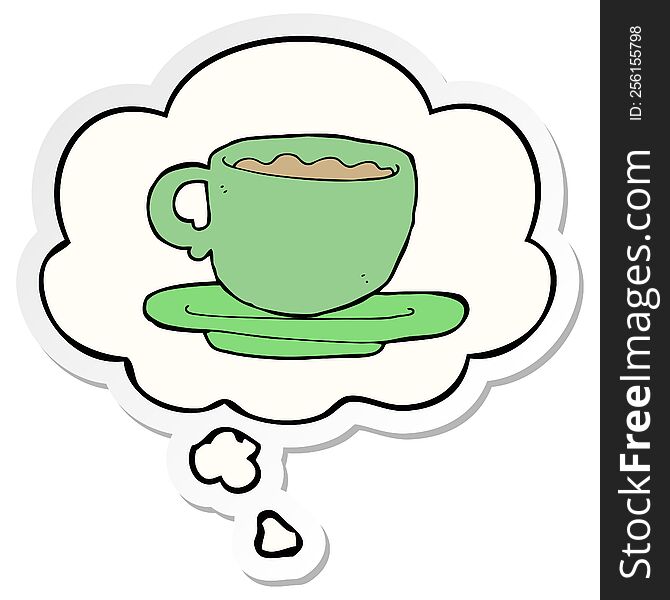 cartoon cup of tea with thought bubble as a printed sticker