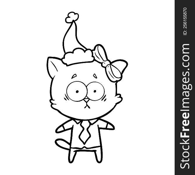 hand drawn line drawing of a cat wearing santa hat