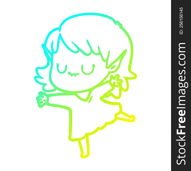 Cold Gradient Line Drawing Happy Cartoon Elf Girl Wearing Dress