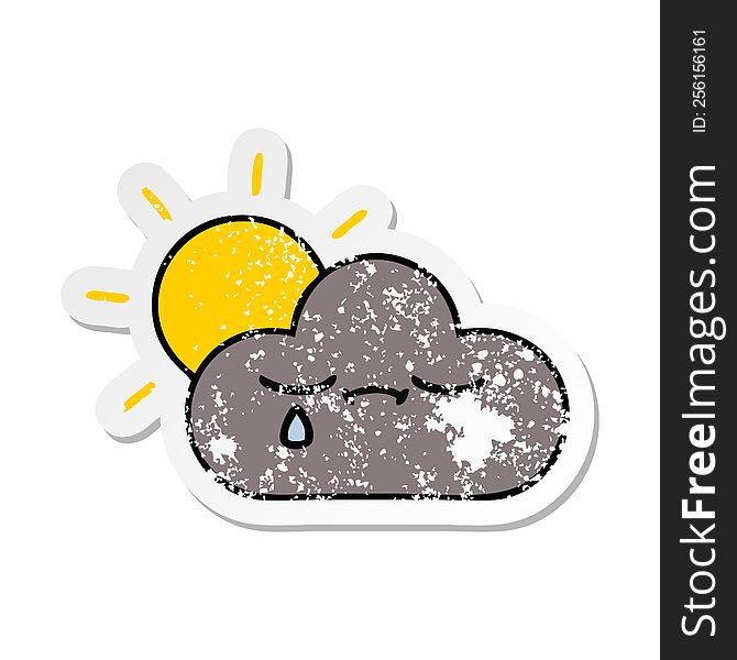 Distressed Sticker Of A Cute Cartoon Storm Cloud And Sun