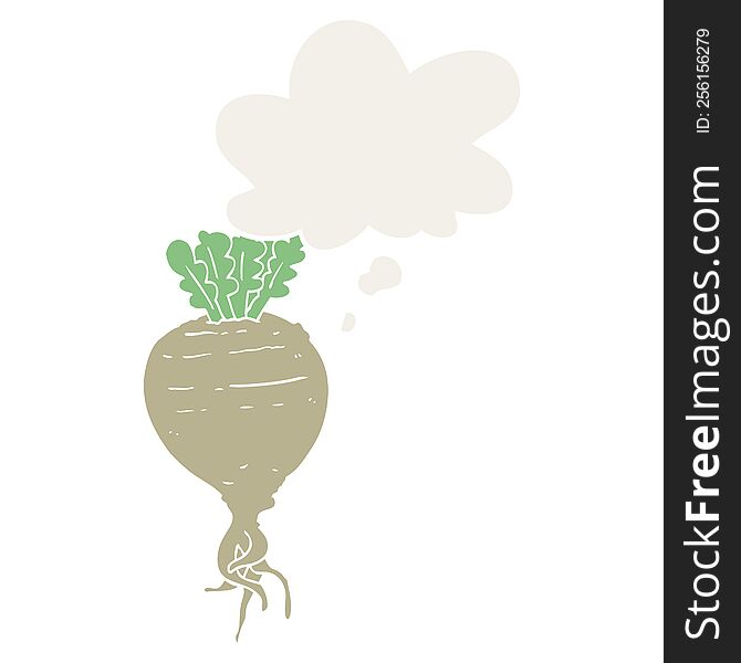 cartoon root vegetable with thought bubble in retro style