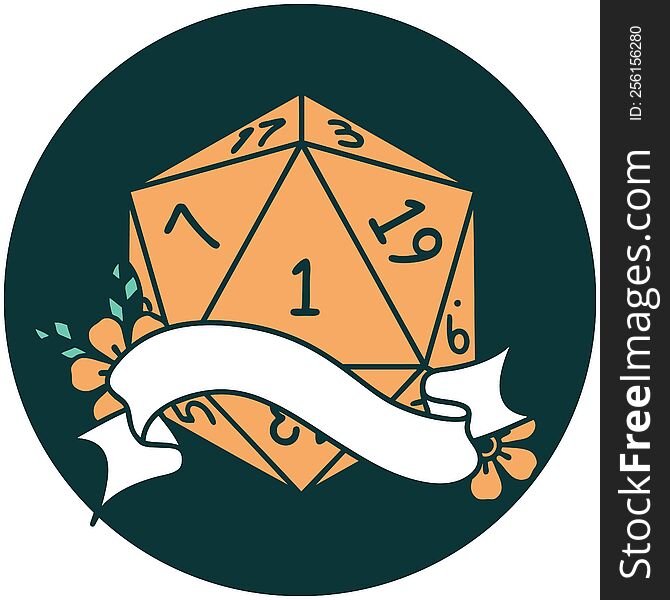 icon of natural one d20 dice roll. icon of natural one d20 dice roll