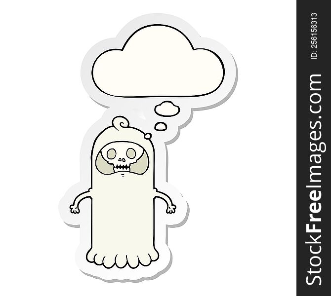 cartoon spooky skull ghost with thought bubble as a printed sticker