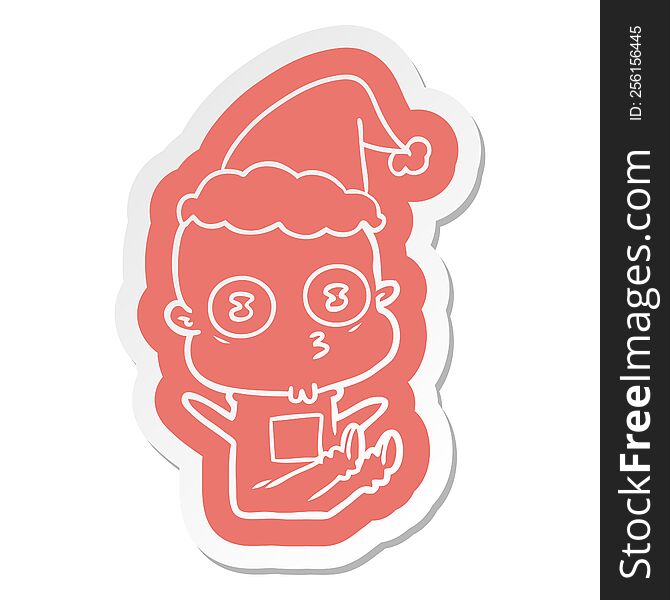 Cartoon  Sticker Of A Weird Bald Spaceman Wearing Santa Hat