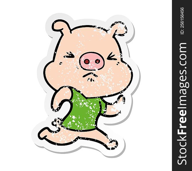 distressed sticker of a cartoon angry pig wearing tee shirt