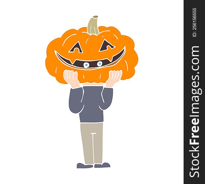 Flat Color Illustration Of A Cartoon Pumpkin Head Halloween Costume