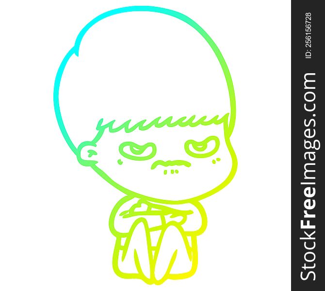 Cold Gradient Line Drawing Cartoon Angry Boy Sitting