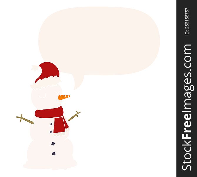 Cartoon Snowman And Speech Bubble In Retro Style
