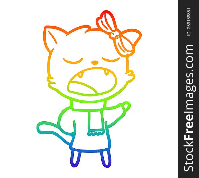 rainbow gradient line drawing of a cartoon cat in winter clothes